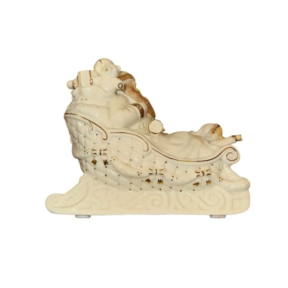 Vintage Baum Bros Santa Sleigh Music Box Ivory &‎ Gold Holiday Decor
